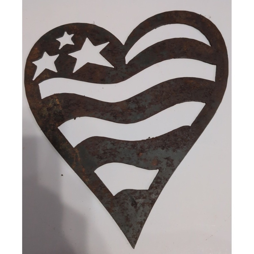 Rustic Heart-Shaped American Flag Metal Wall Accent in Brown